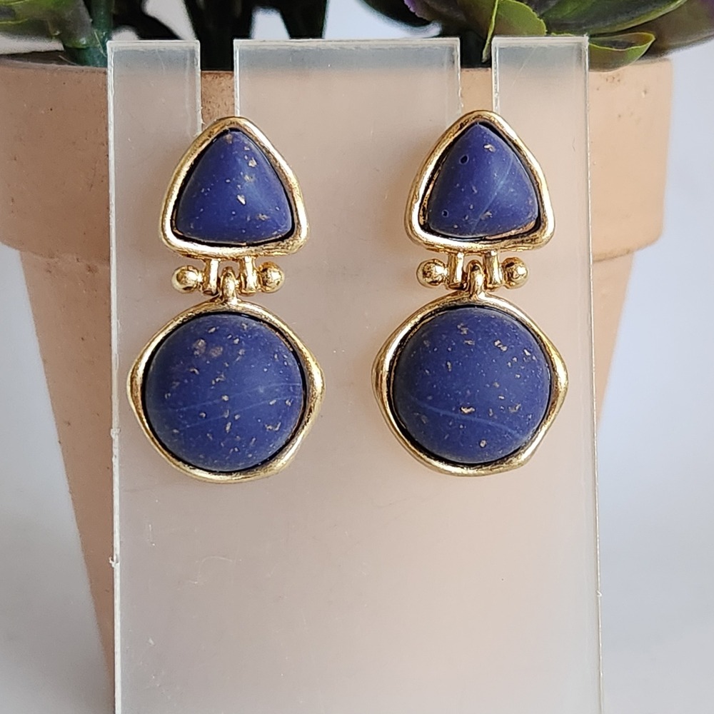 Vintage‎ Style Cobalt Blue Gold Tone Geometric Resin Drop Post Earrings